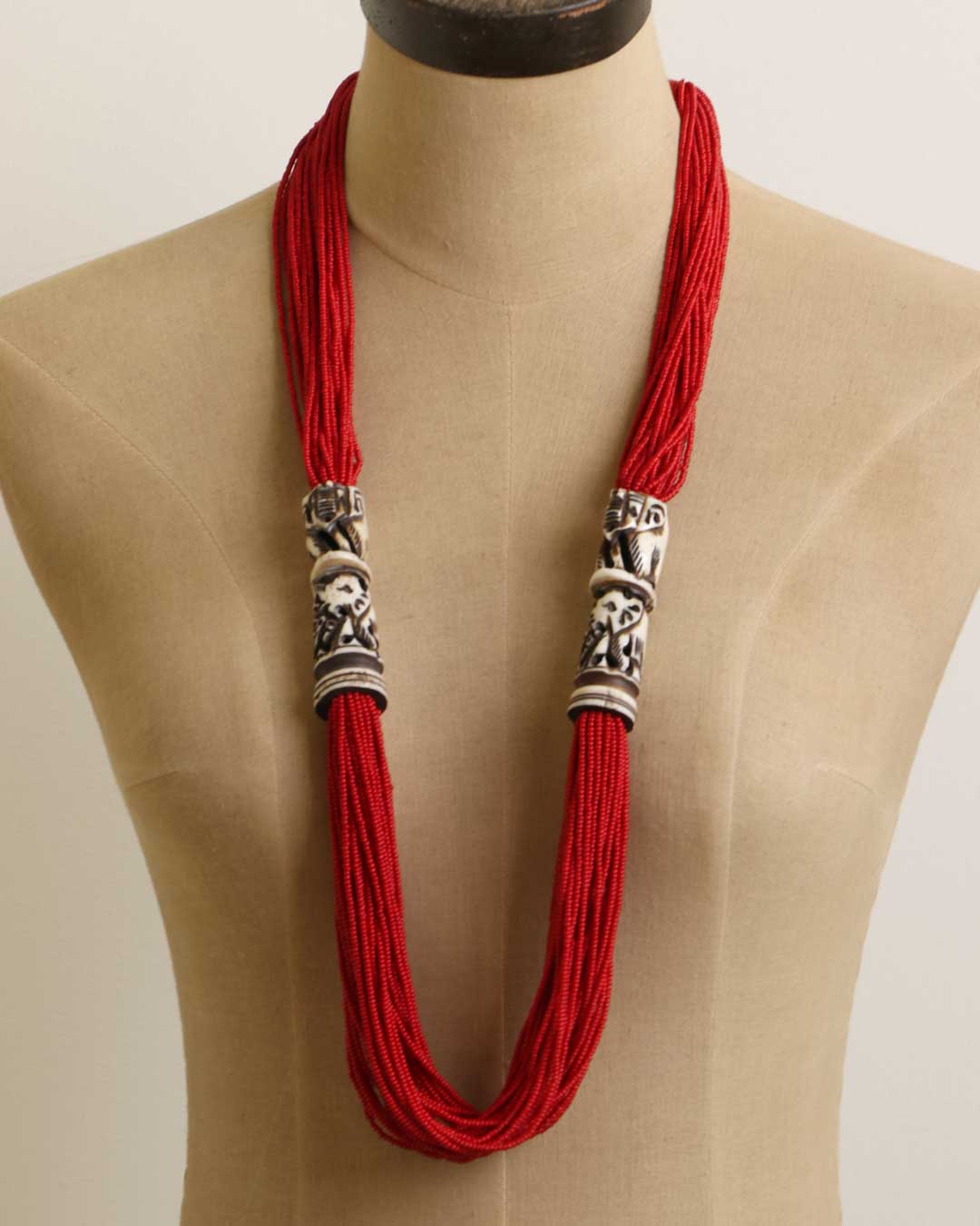 Elephant Carving Red Beaded Statement Necklace