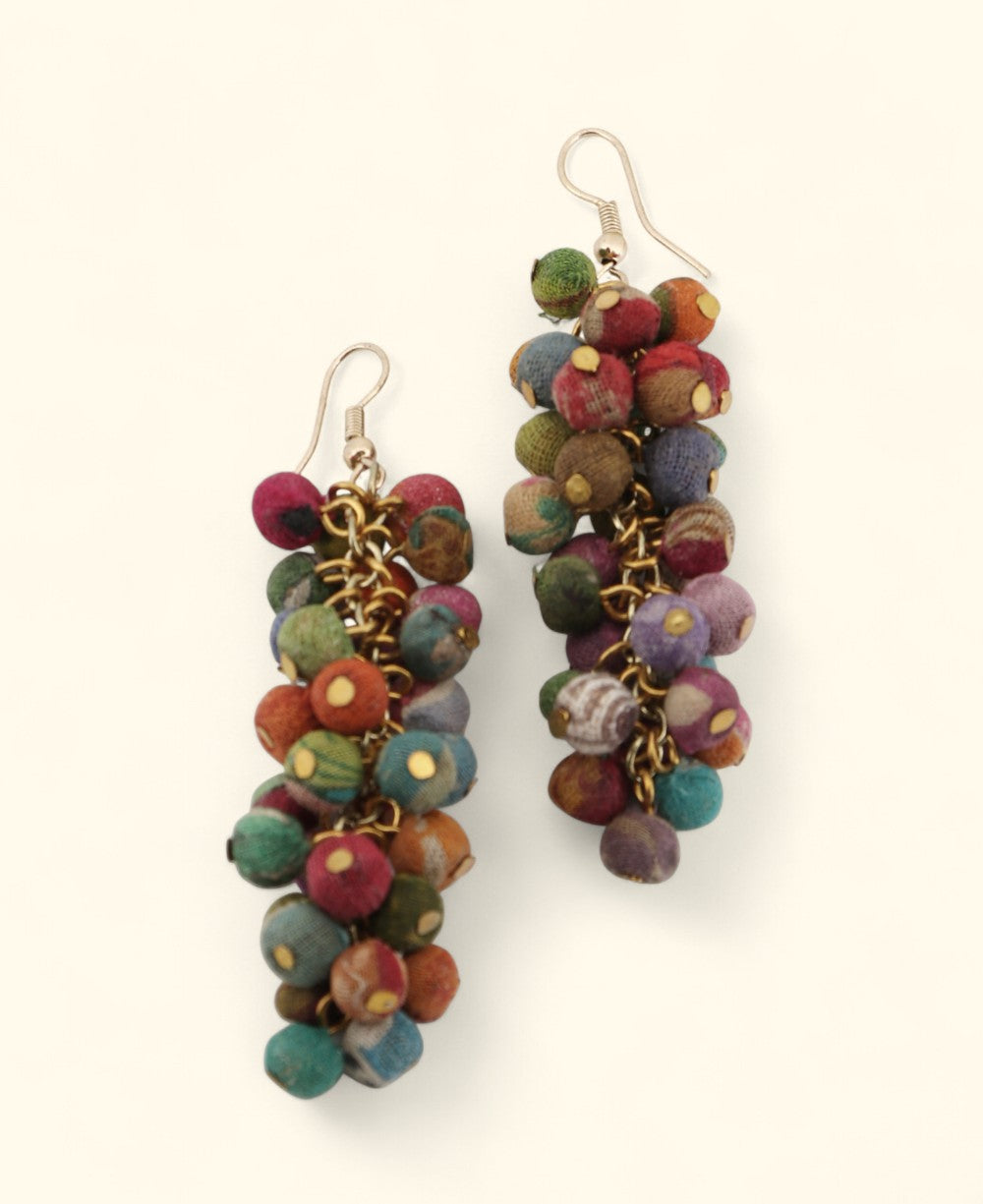 Colorful recycled textile earrings in a clustered design