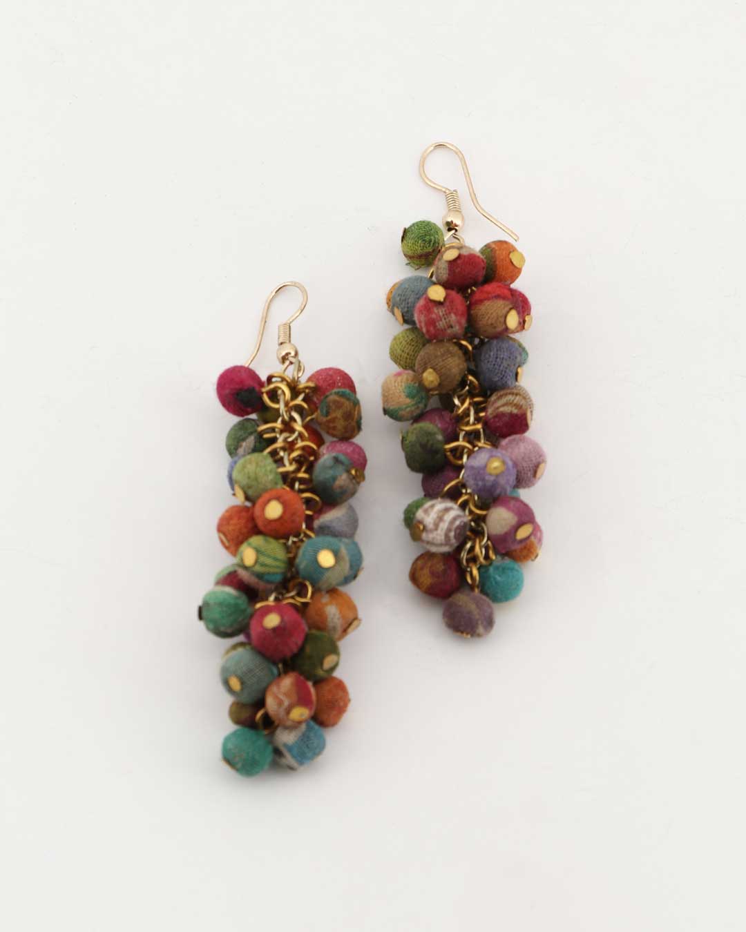 Indian Kantha-style earrings made from upcycled materials