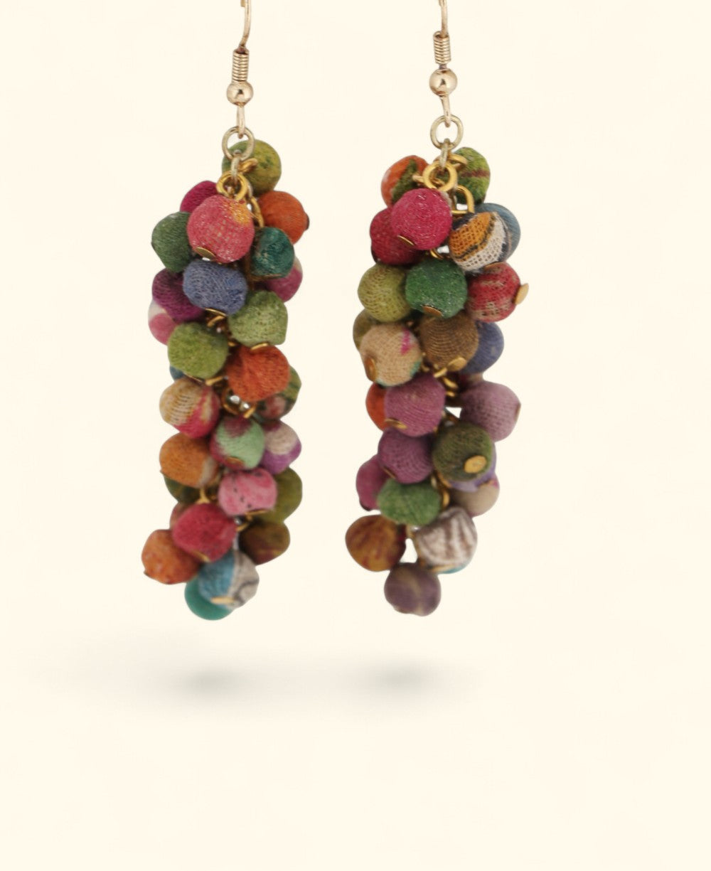 Handmade Kantha fabric bead earrings with brass hooks