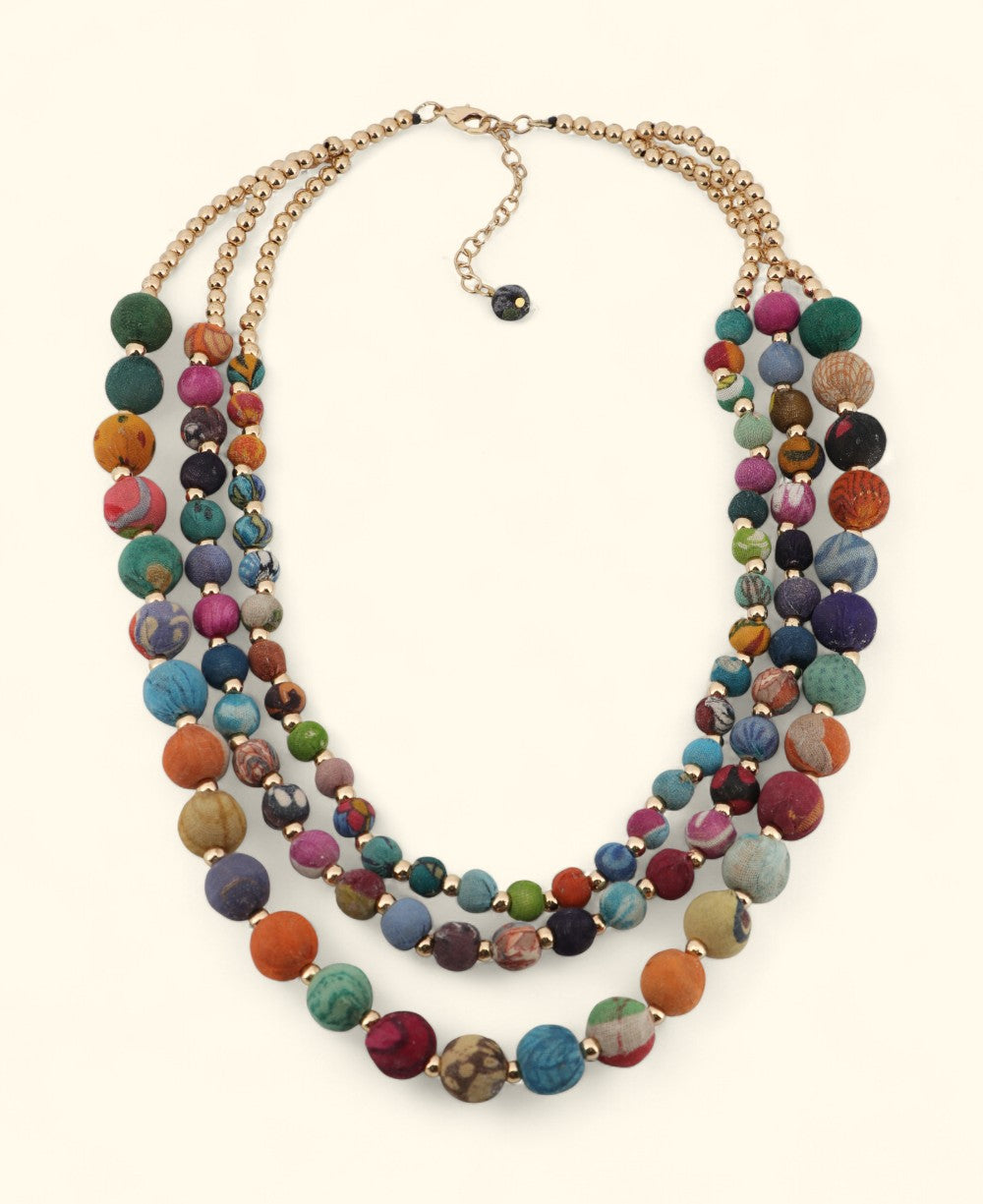 Three-strand Kantha bead necklace in assorted colors