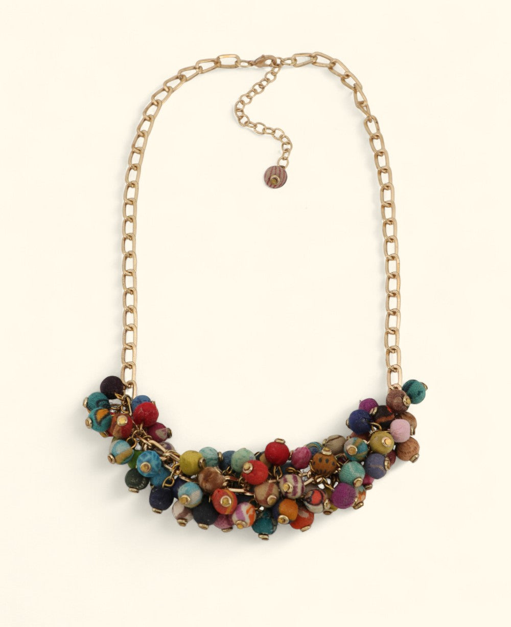 Clustered Kantha bead necklace with gold chain