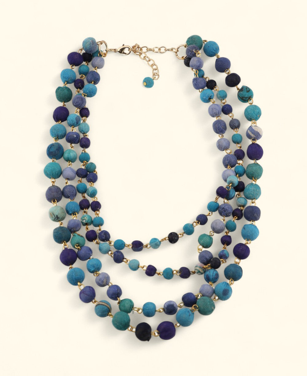 Multi-strand blue Kantha fabric bead necklace
