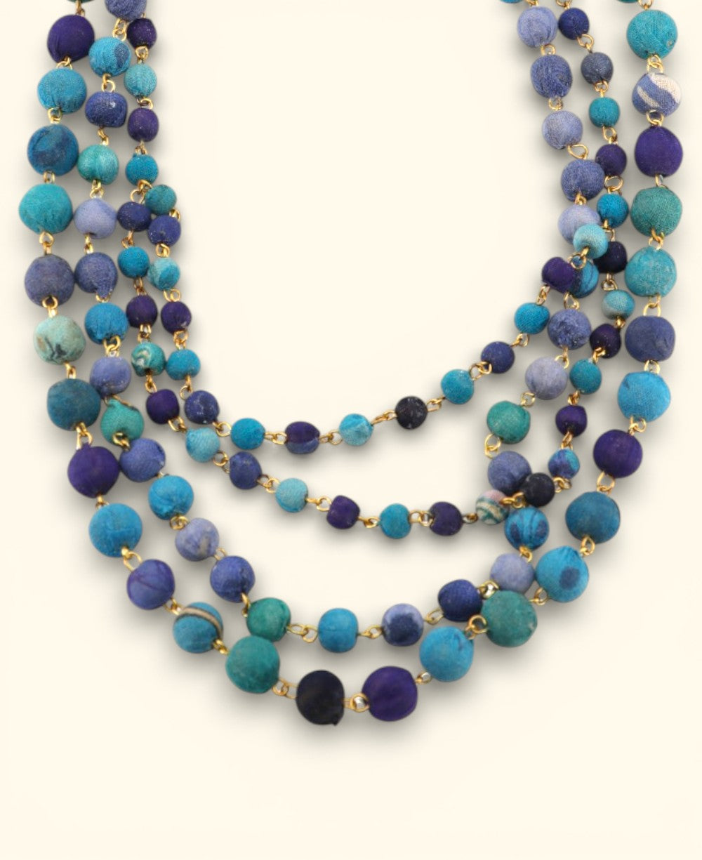 Layered Blue Kantha Bead Necklace – Recycled Textile Elegance