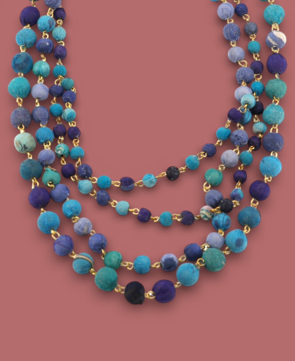 Layered Blue Kantha Bead Necklace – Recycled Textile Elegance