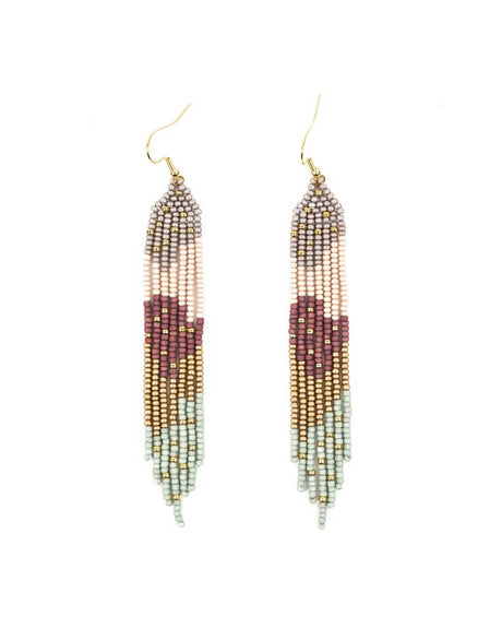 Long fringe earrings with blush floral beaded design