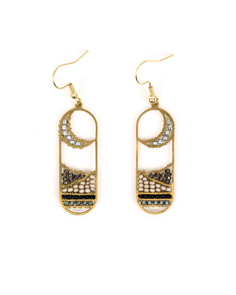 Gold frame earrings with crescent moon and beaded landscape