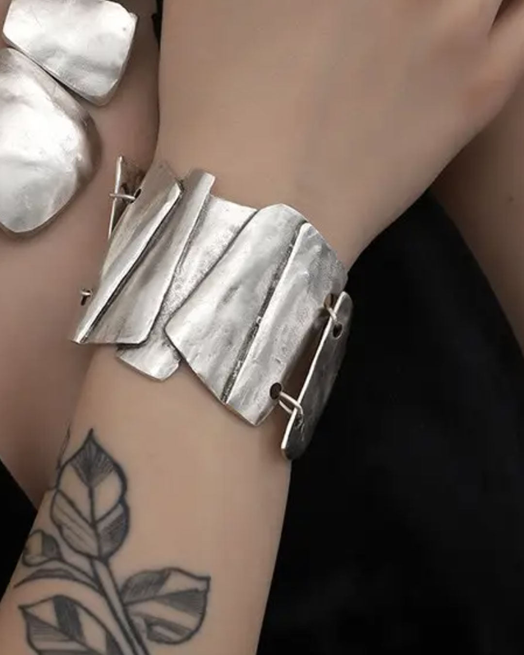 Sculptural silver link cuff bracelet