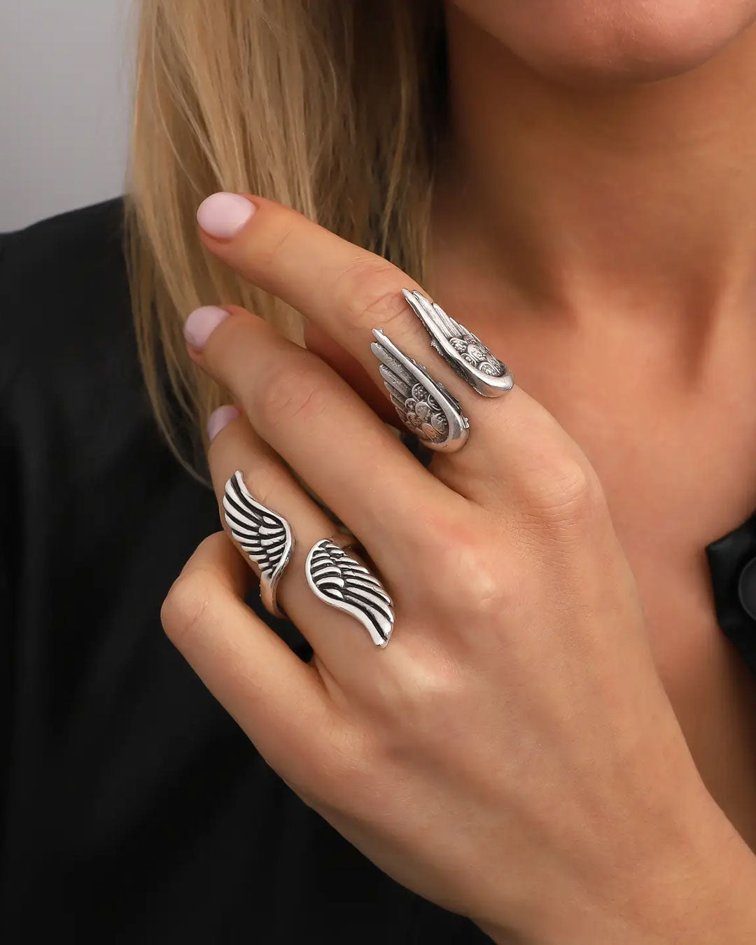 Adjustable silver angel wing ring set