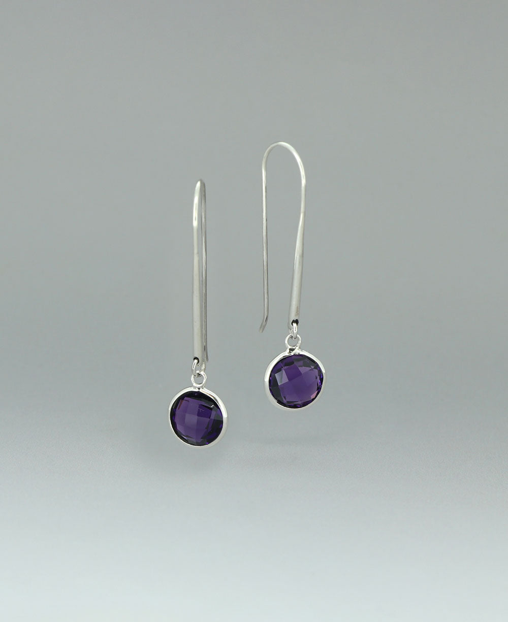 Full view of Sterling Silver Amethyst Stone Threader Earrings highlighting the sleek threader design and radiant amethyst stone