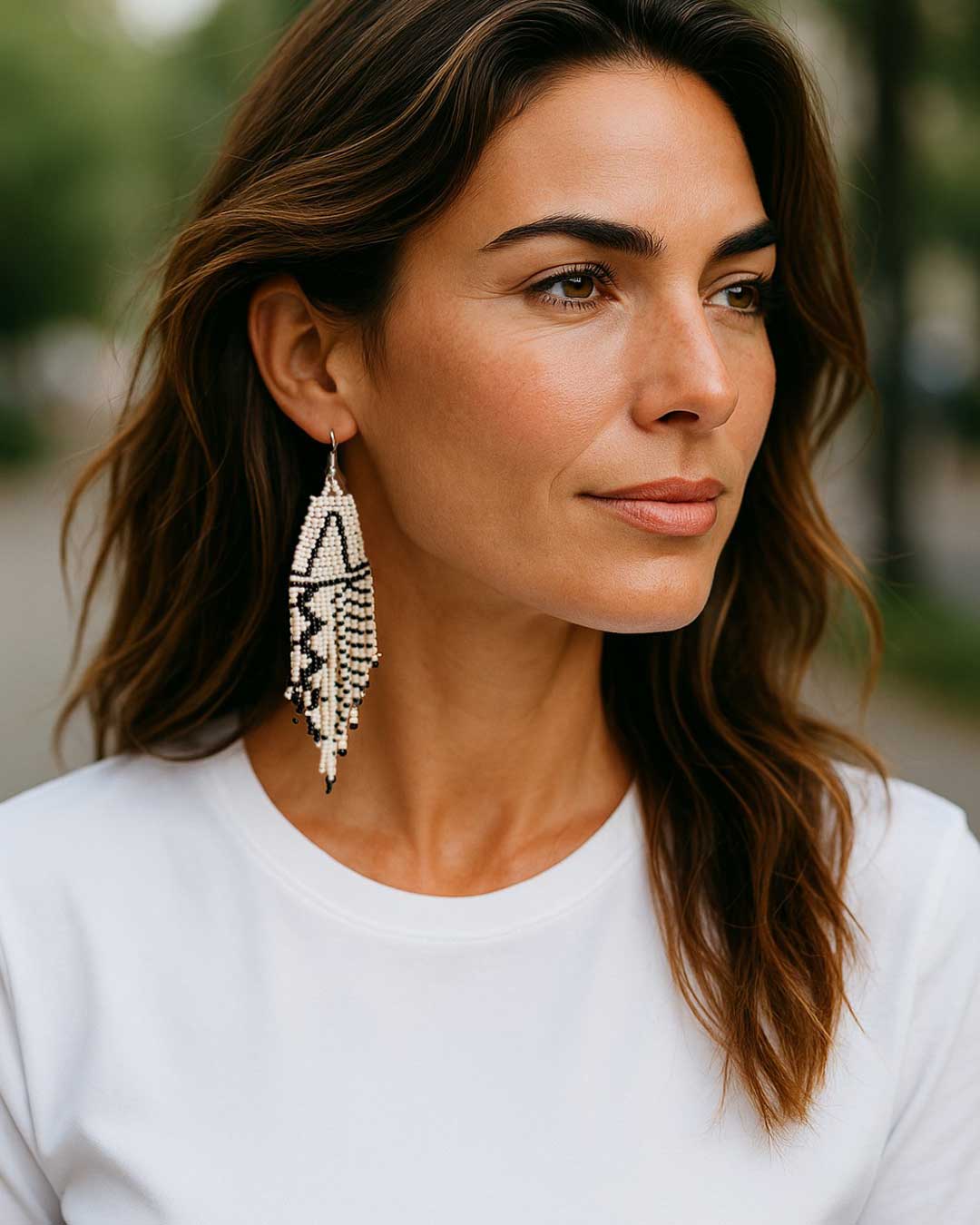 Handwoven Cream & Black Beads Fringe Earrings