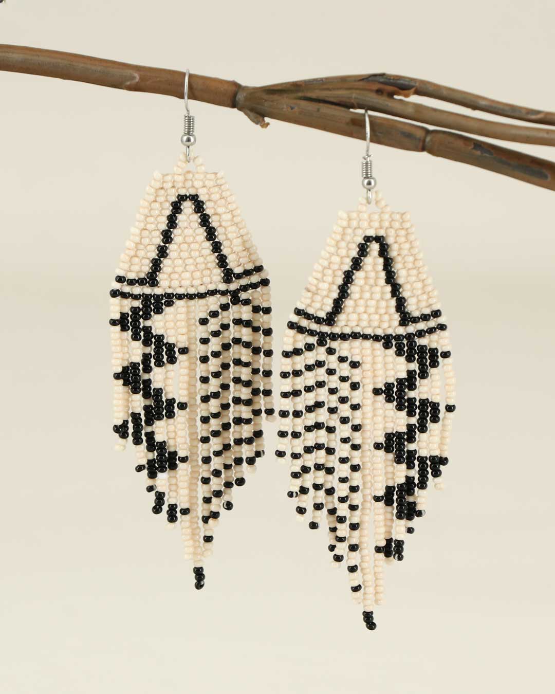 Handwoven Cream & Black Beads Fringe Earrings