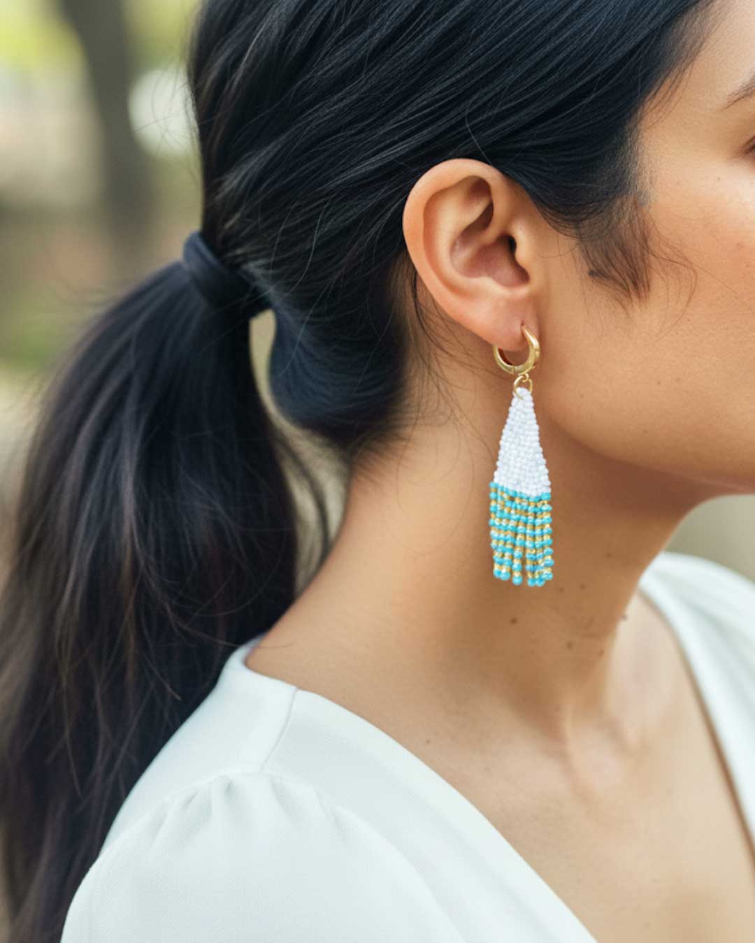 Two-Tone Beaded Fringe Earrings – Turquoise & Gold Accents