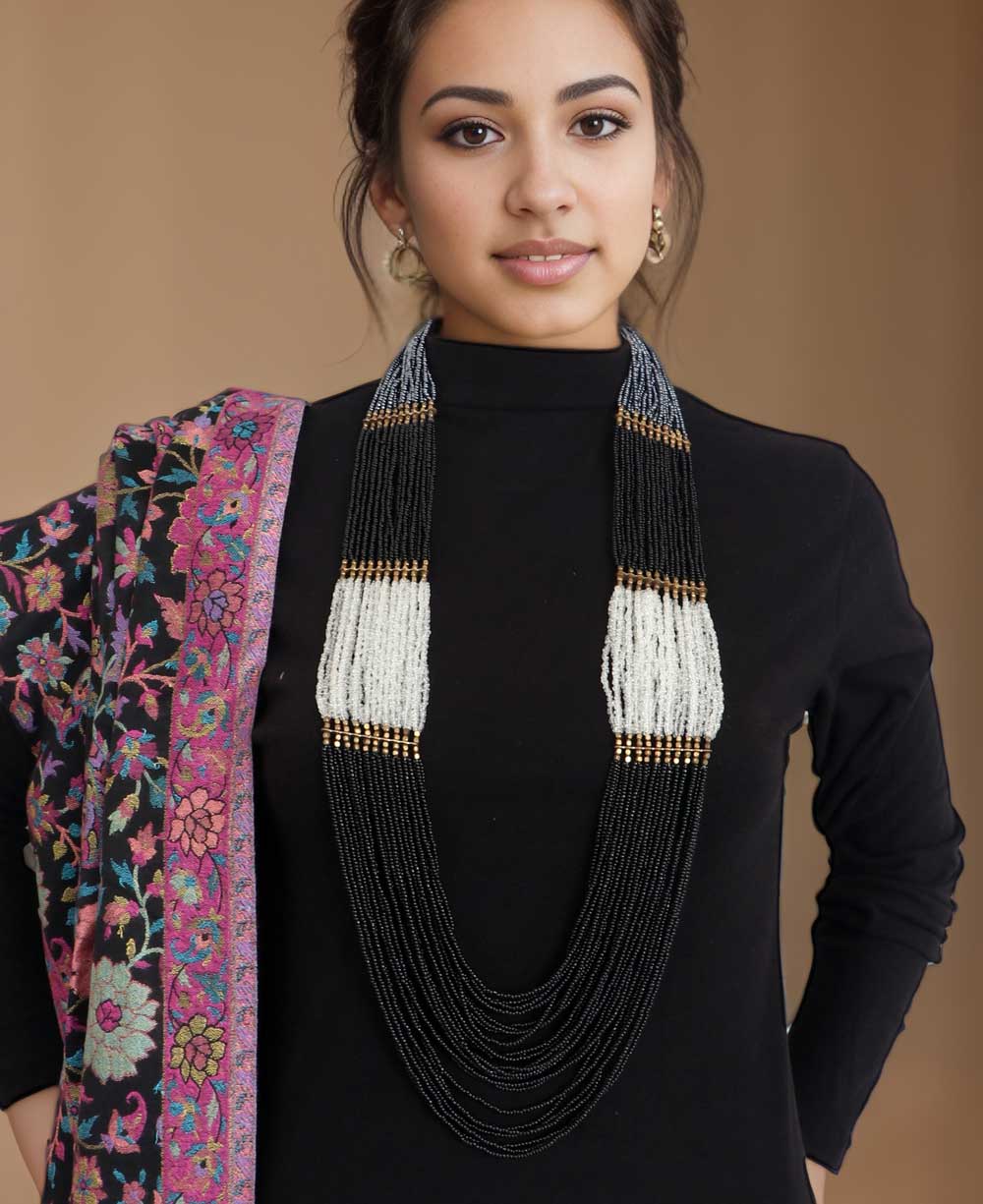 Black Grey Gold Necklace Beaded