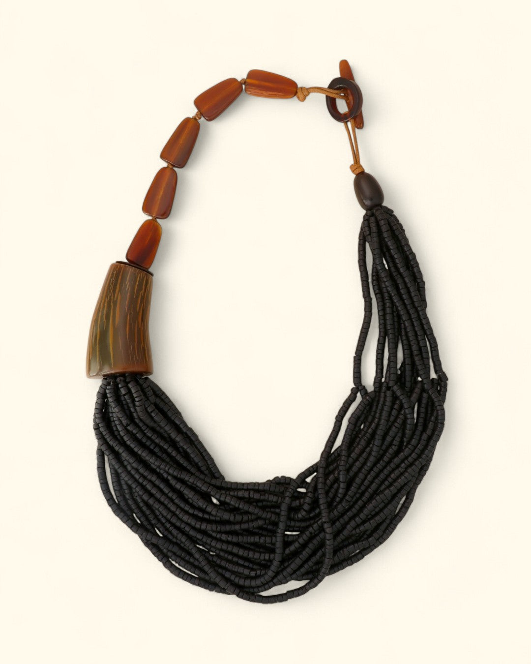 Asymmetric Horn and Coconut Bead Necklace in Black