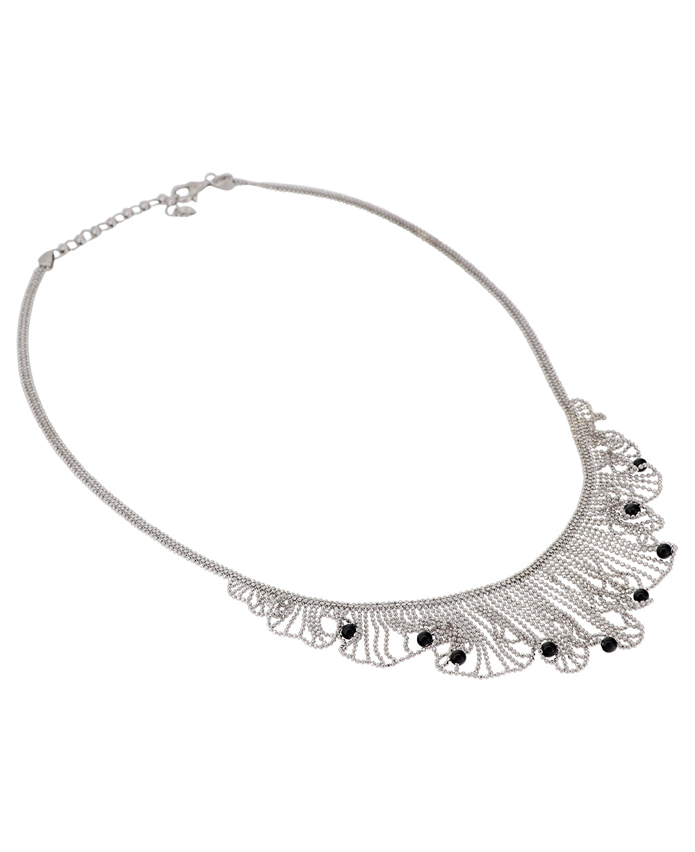 Luxurious silver fringe necklace adorned with black spinel beads, handcrafted in Laos