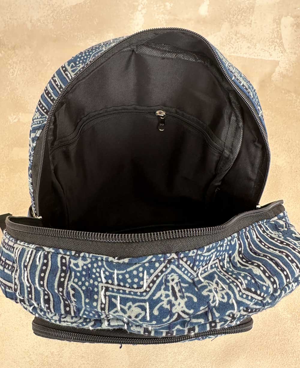 Interior view of teh Block-Print Kantha Stitched Backpack