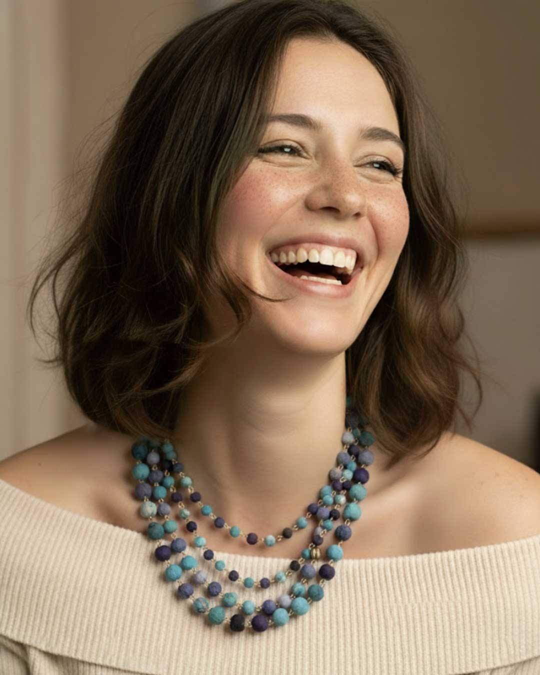 Layered Blue Kantha Bead Necklace – Recycled Textile Elegance