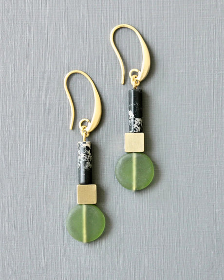 Gold earrings with black emperor stone and olivine glass