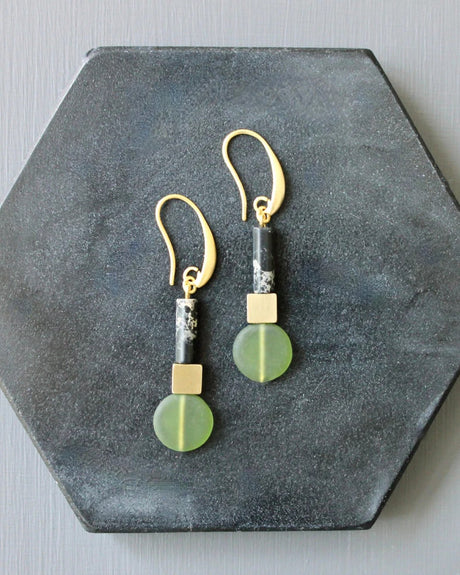 Geometric drop earrings in green and black with gold hooks