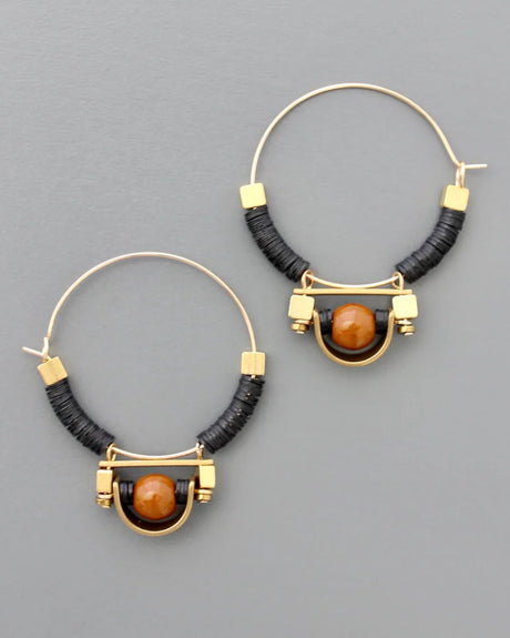 Gold hoop earrings with vulcanite and brown glass