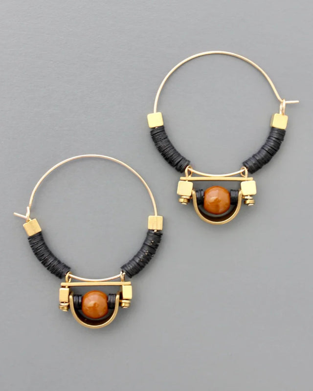 Gold hoop earrings with vulcanite and brown glass
