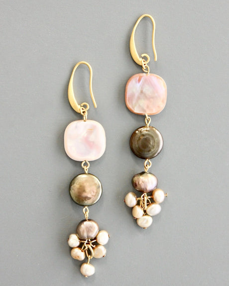 Gold hook earrings with mother of pearl and freshwater pearls