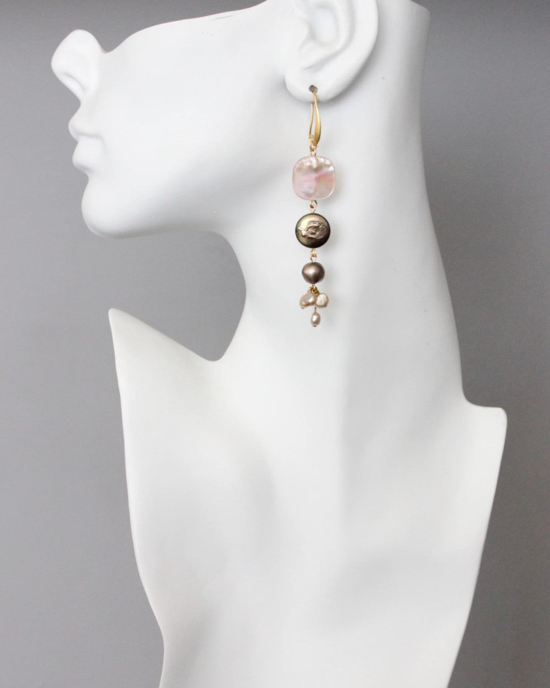 Handcrafted dangle earrings in blush and grey tones