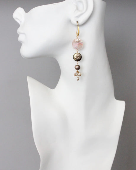 Handcrafted dangle earrings in blush and grey tones