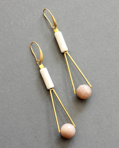 Long gold earrings with soft pink and cream natural stones