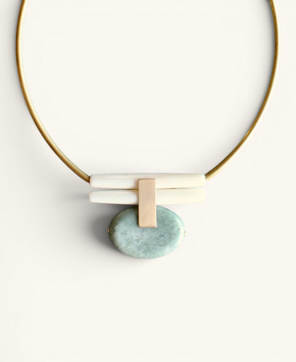 Brass Collar Necklace with Green Jasper Oval