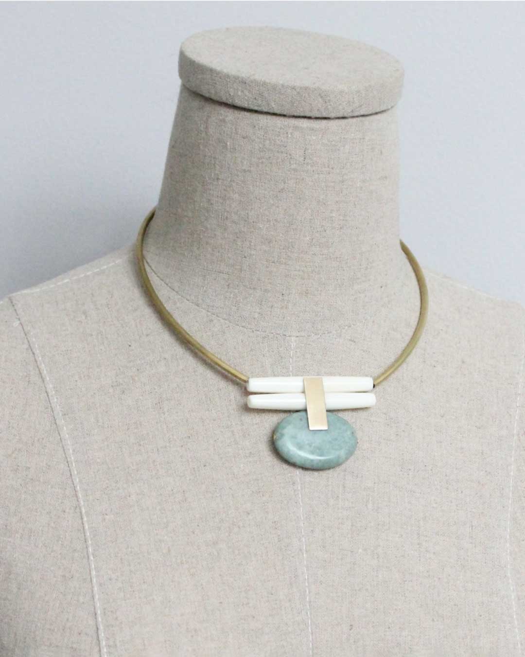 Brass Collar Necklace with Green Jasper Oval