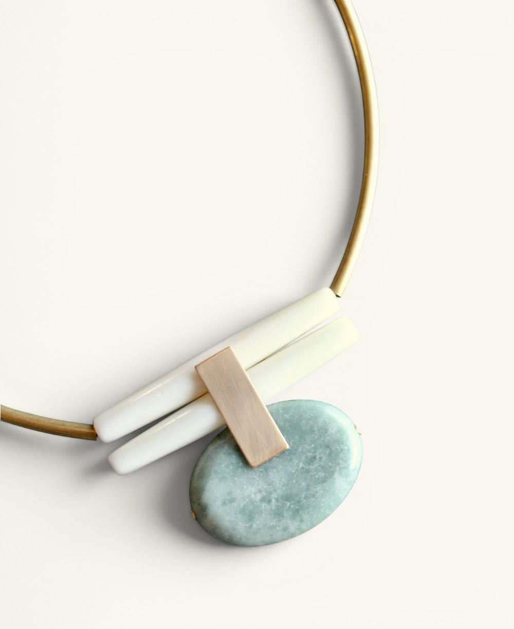 Brass Collar Necklace with Green Jasper Oval