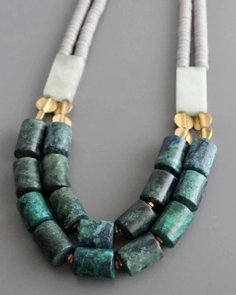 Bold artisan necklace featuring aventurine and brass accents