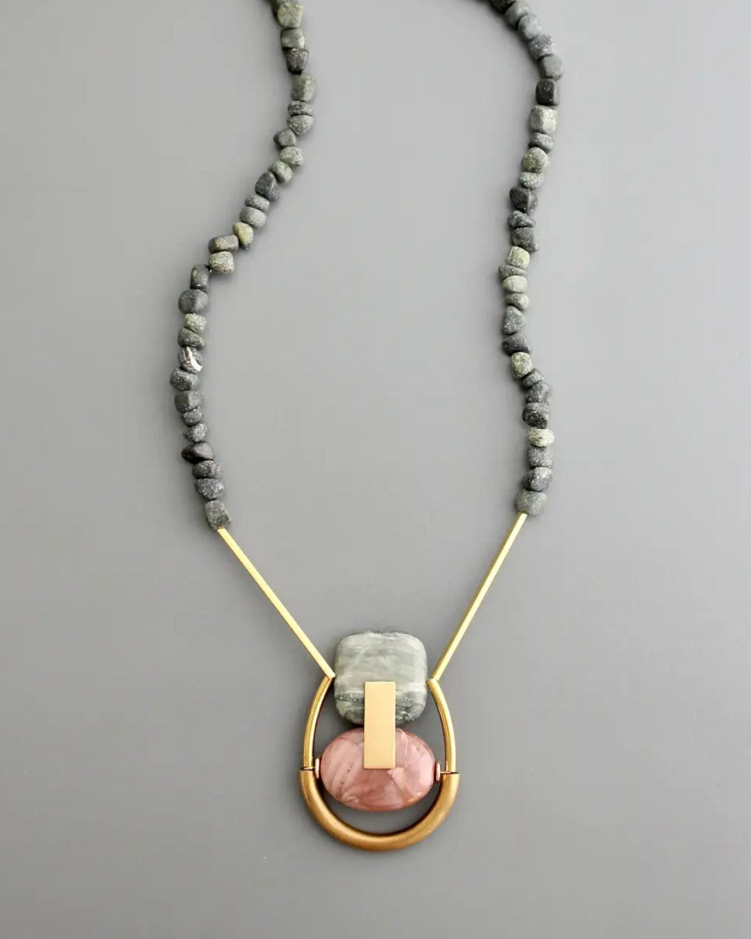 Statement necklace with pink jasper and green serpentine