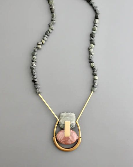 Statement necklace with pink jasper and green serpentine