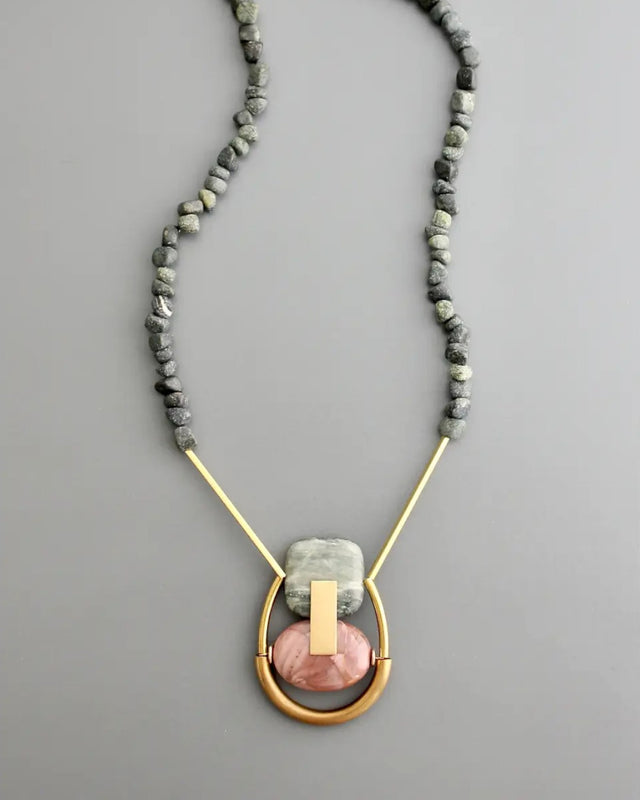 Statement necklace with pink jasper and green serpentine
