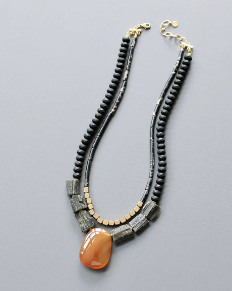 Layered artisan necklace with tourmaline and emperor stone