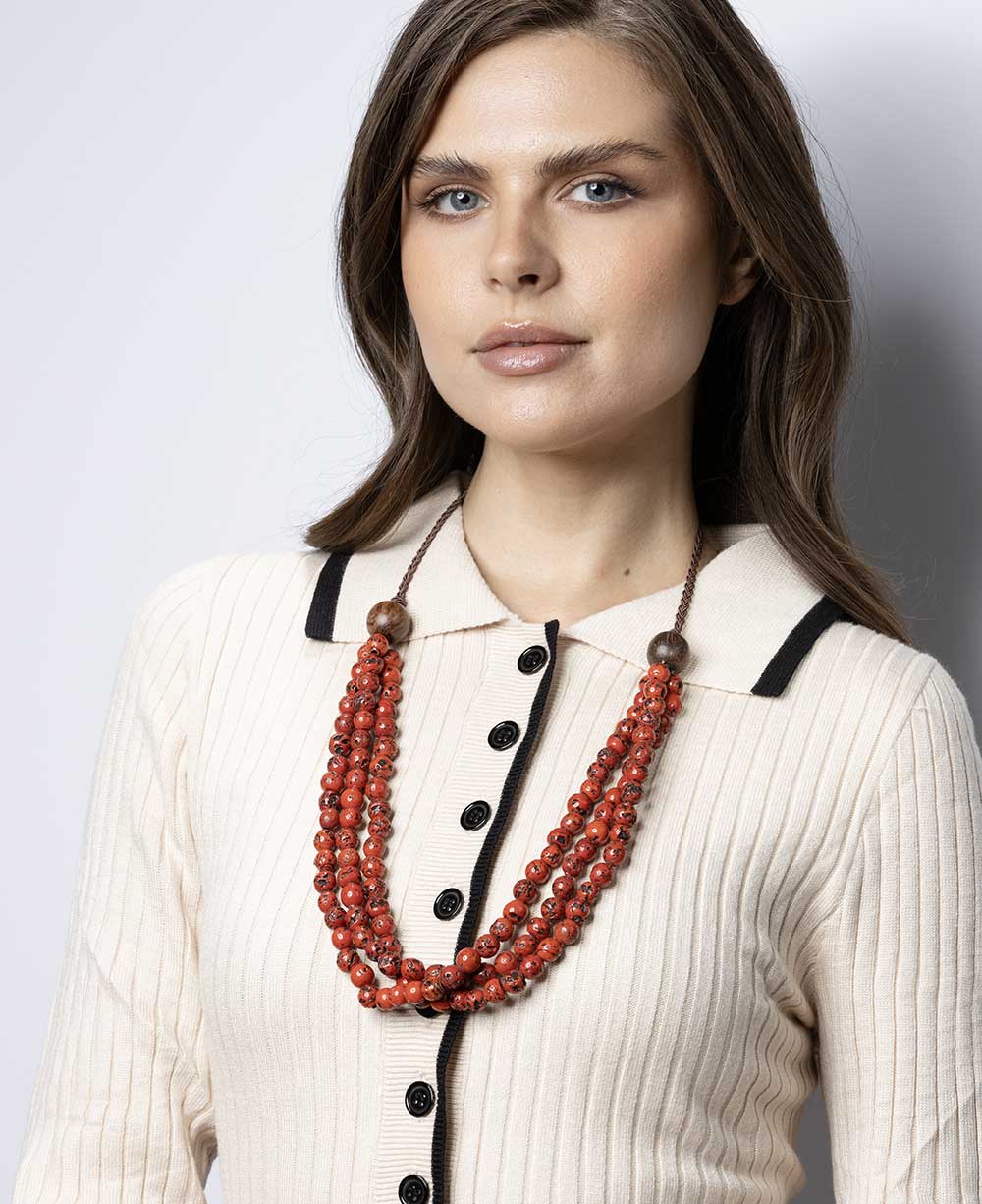 Multi-strand antique-finish glass bead necklace with braided cord