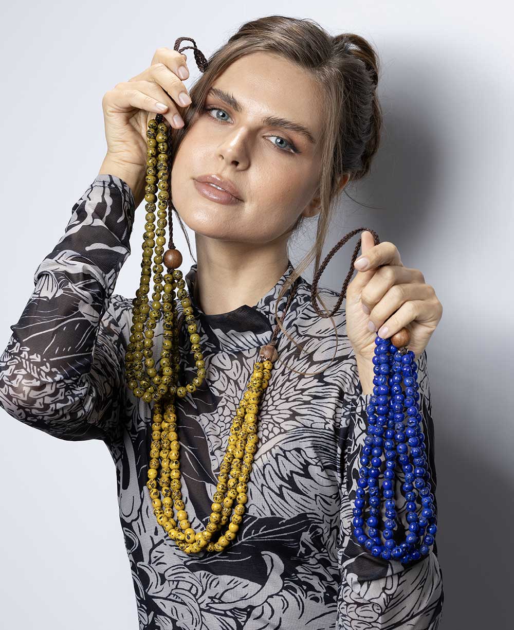 32-inch glass bead necklace with wooden accents