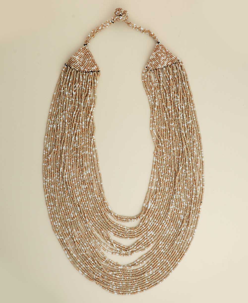 Beige and Gold-Tone Multi-Strand Glass Beaded Necklace