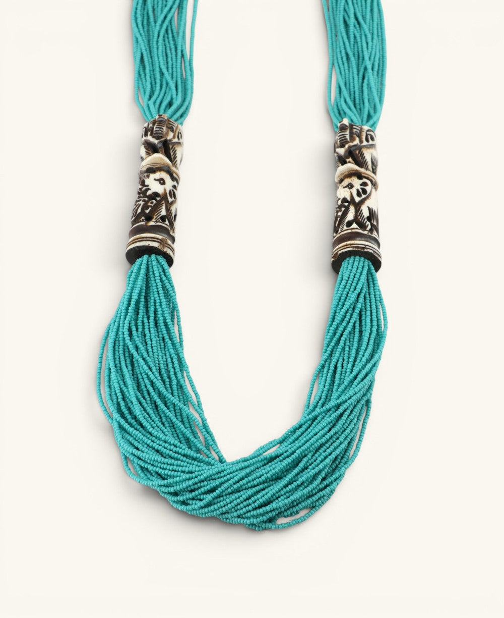 Elephant Carving Aqua Beaded Statement Necklace