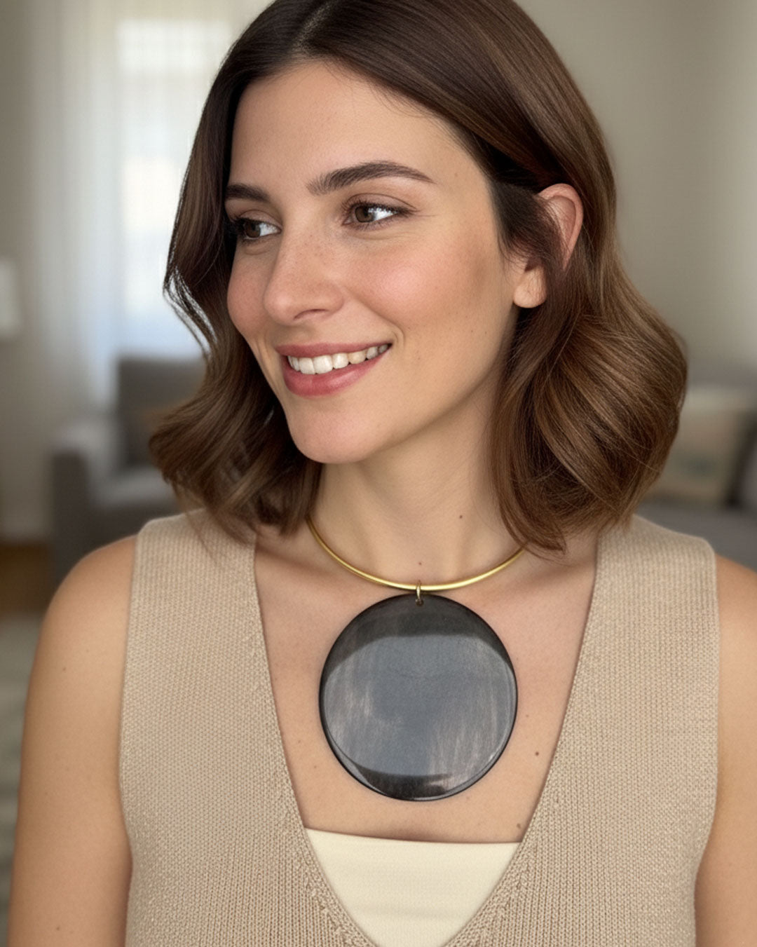 Brass Collar Necklace with Large Horn Pendant, Kenya