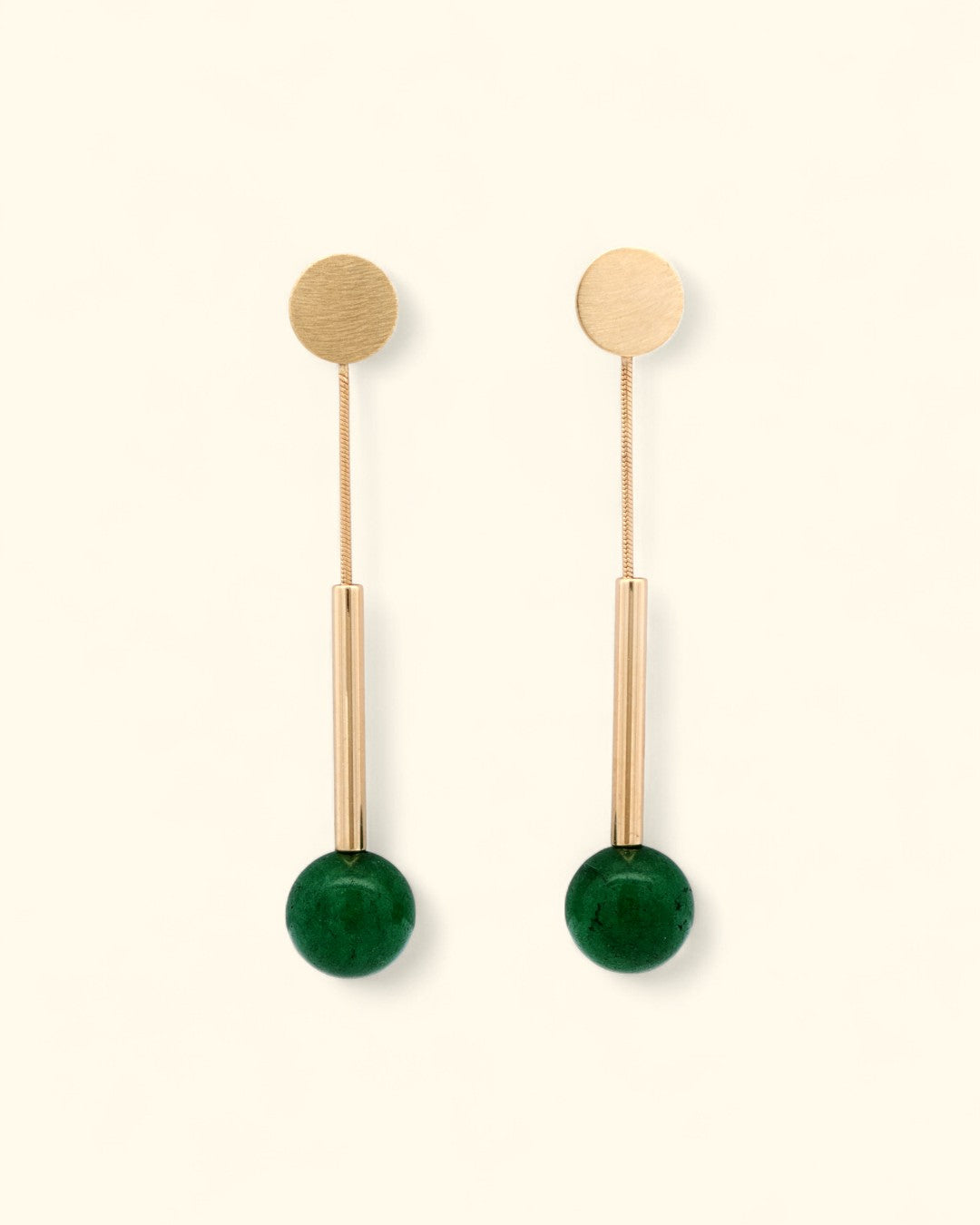 Green onyx and brushed gold linear earrings