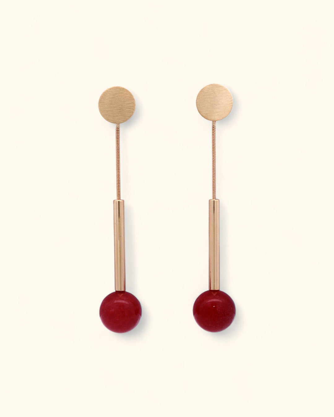 Linear ruby jade and brushed gold drop earrings