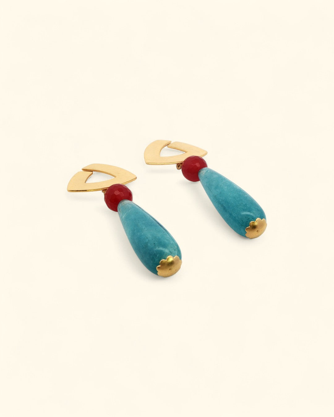 Red and blue gemstone dangle earrings with gold top