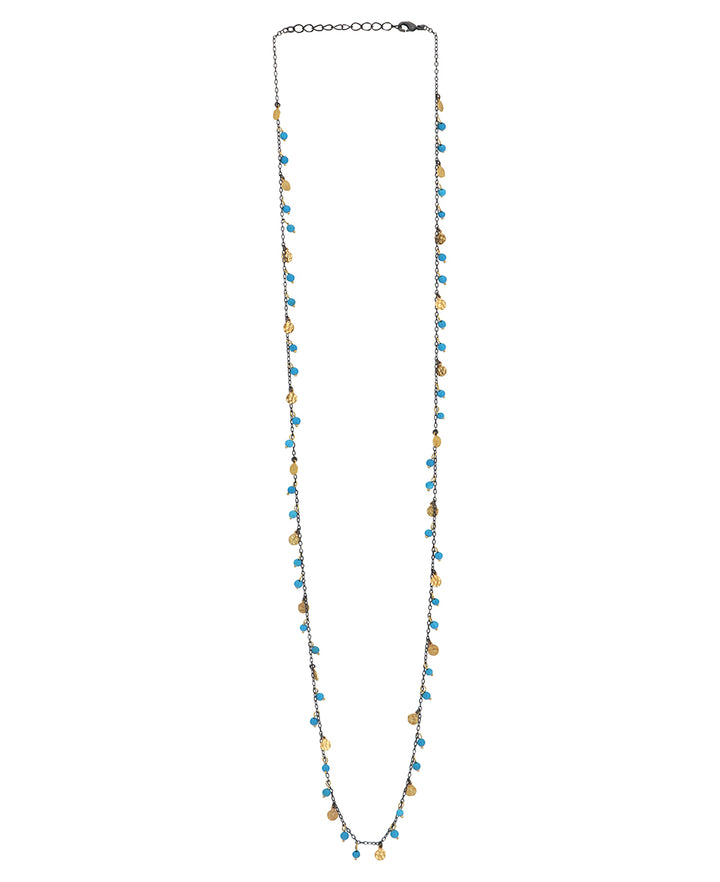 Turkish Dainty Long Necklace with Reconstituted Turquoise Beads and Brass Accents