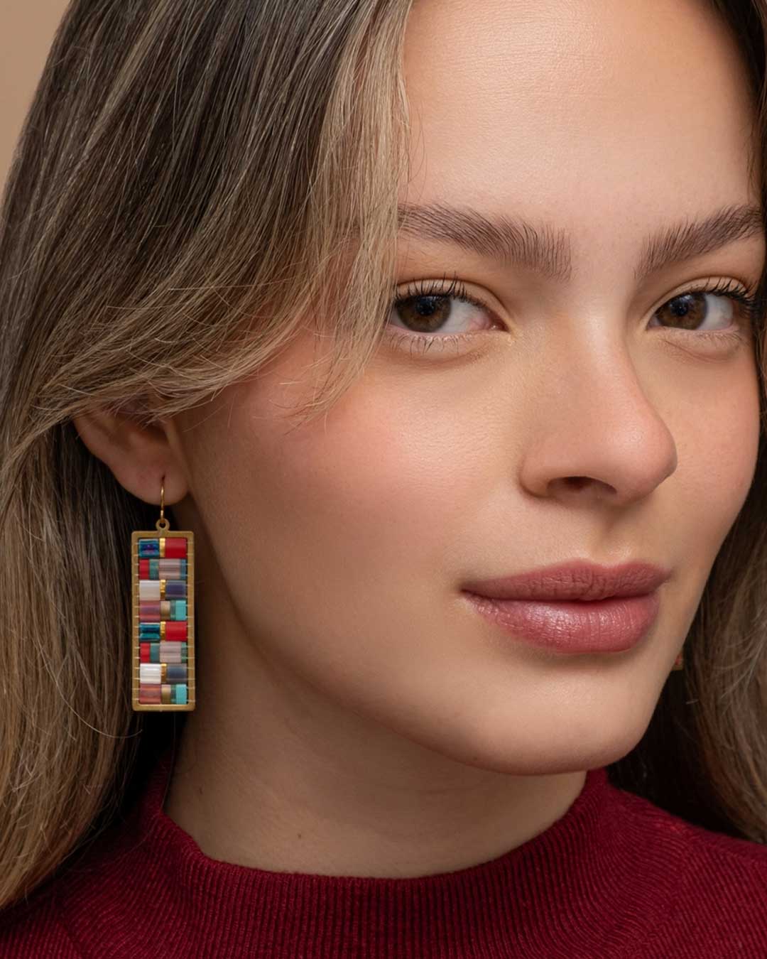 Modern Mosaic Tila Bead Earrings in Brass Frame