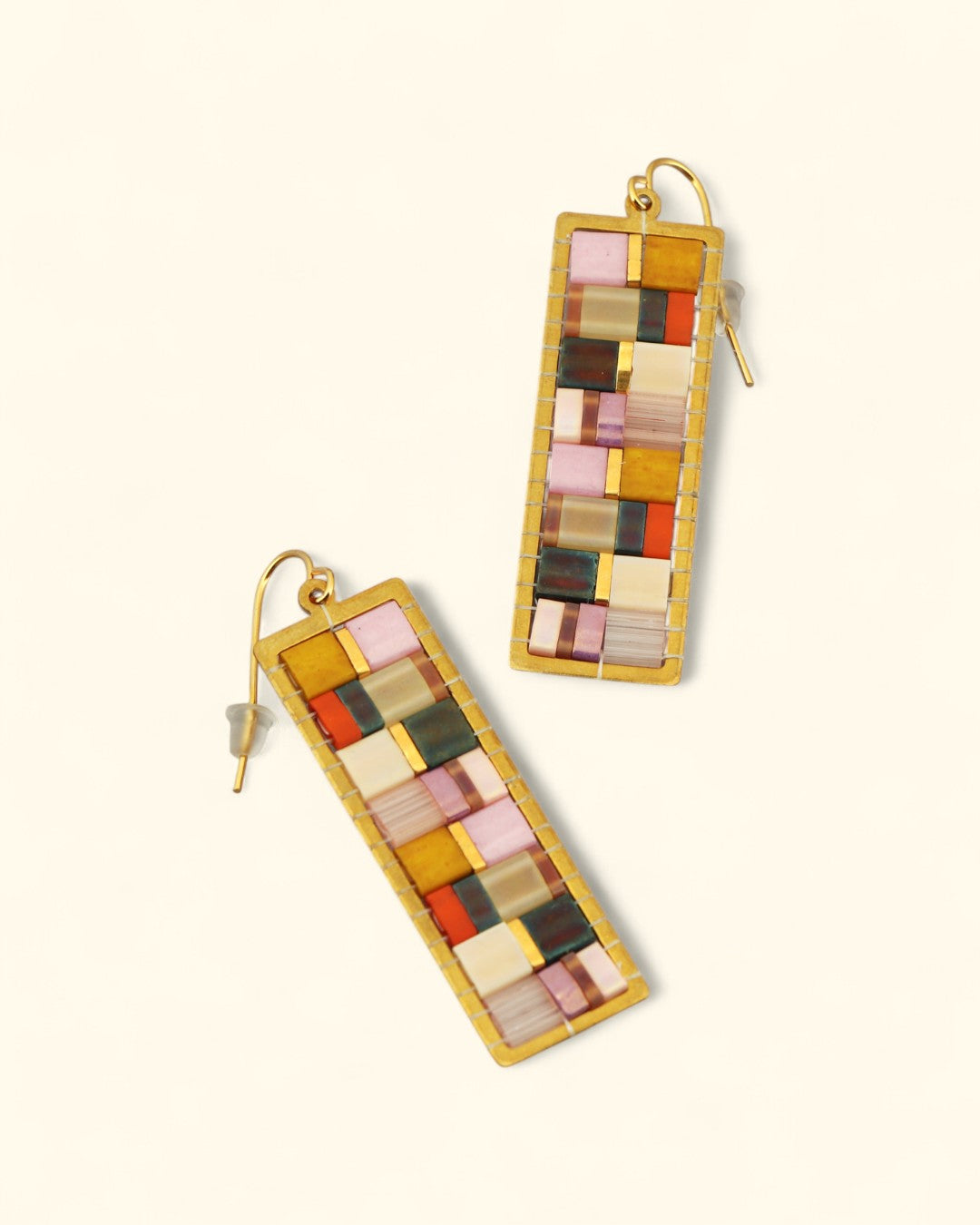 Modern Mosaic Tila Bead Earrings in Brass Frame