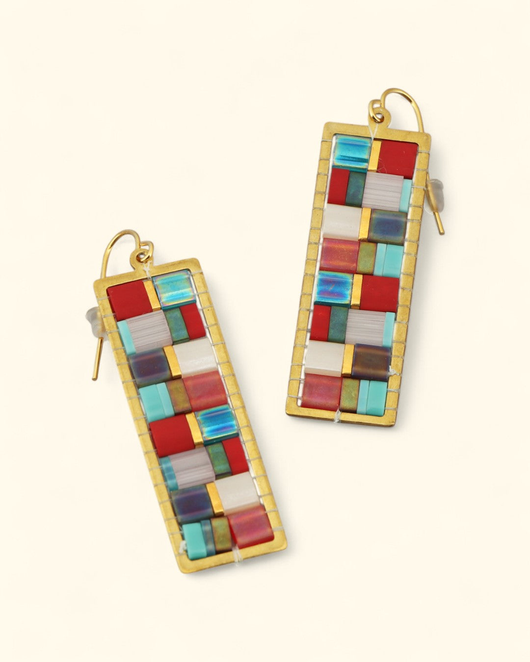 Modern Mosaic Tila Bead Earrings in Brass Frame